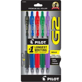 Pilot G2 Retractable Gel Ink Pens, Bold Point, Asst, 5 Pack